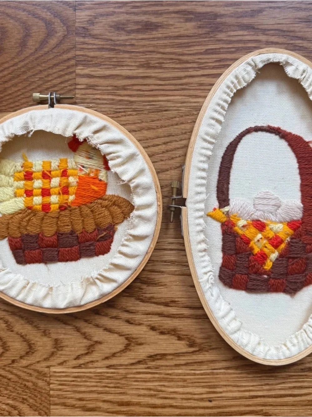Hand-Embroidered Chicken & Basket Hoop Set - Warm Autumn Colors